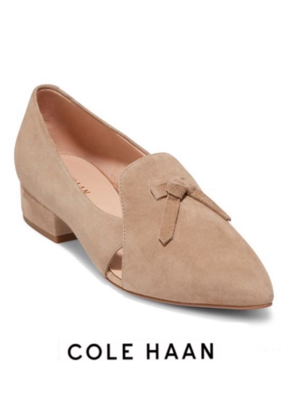 COLE HANN Viola Bow Beige Suede Pointed Slip On Style Pumps Flat Loafers Sz 8.5